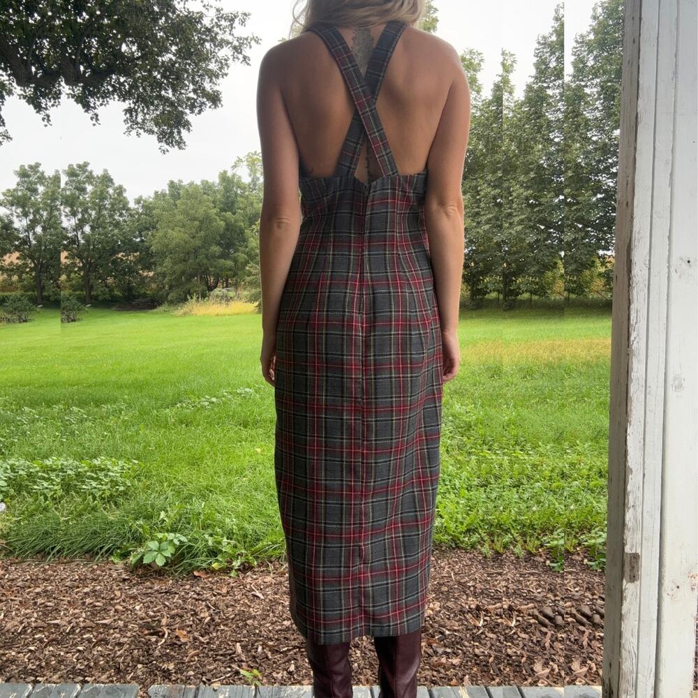 Vintage 90s Knapp Studio Tartan Plaid Midi Dress Maxi Thigh Slit Green Red Sz 13 - Picture 2 of 3